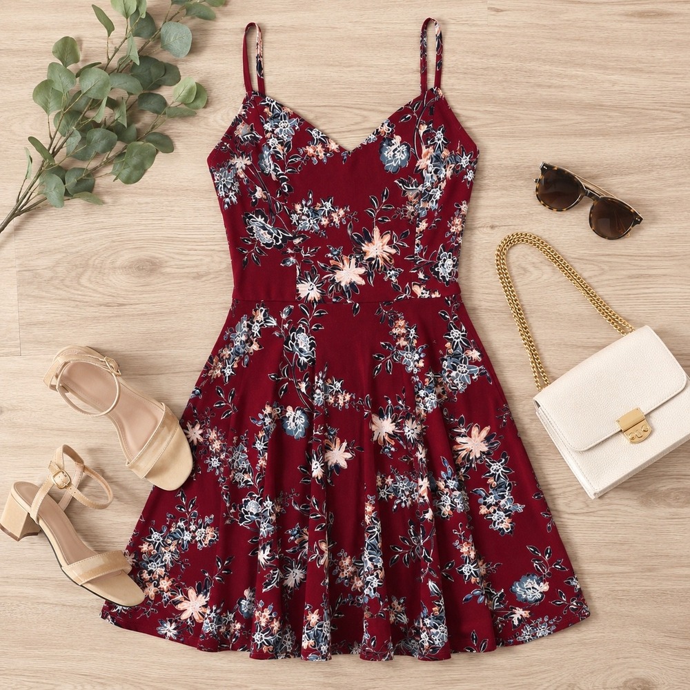 The‎ General Good Burgundy Floral Strappy Cage Back Fit & Flare Dress Size Small
